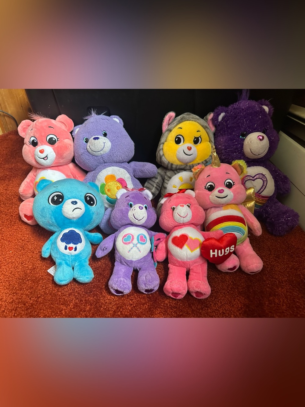 Care Bears Plush Lot - Pink, Purple, Blue, Yellow, Gray